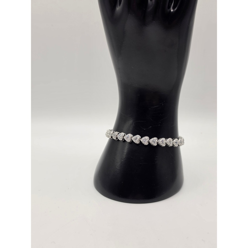 FAS 925 Sterling Silver Heart Link Cubic Zirconia Tennis Bracelet 7.25" Silver